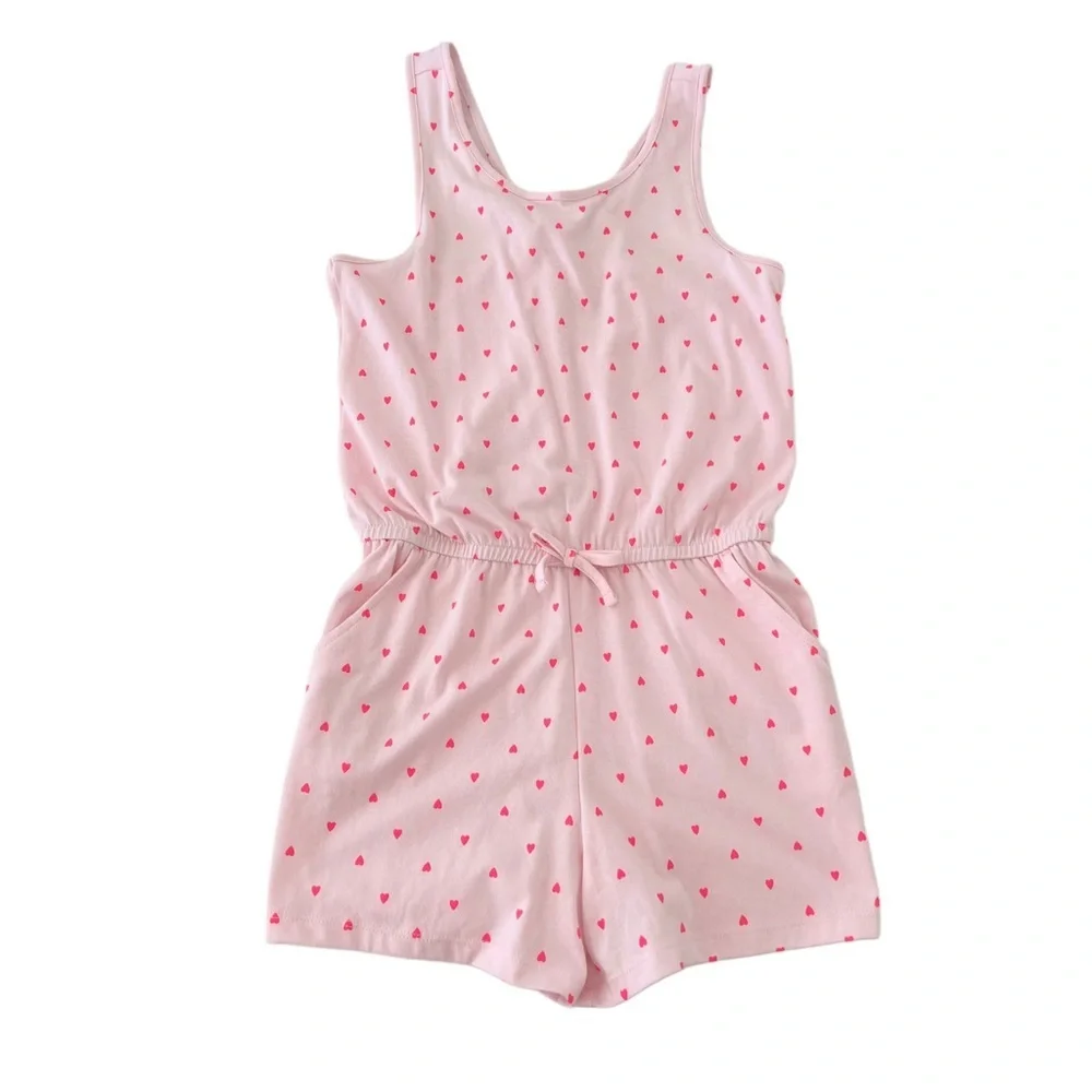 (NWOT) Cat & Jack Light Pink Heart Print Sleeveless Romper | Girls XL (14)